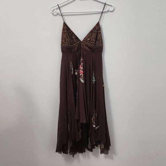 Matthew Williamson Brown Butterfly High Low Asymmetric Silk Designer Dress Small - Picture 2 of 8